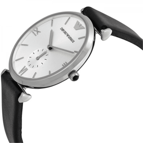 Emporio Armani AR1674 Retro Silver Dial Black Leather Strap Mens Watch