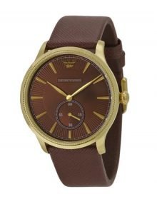 Emporio Armani AR1799 Gents Classic Brown Dial & Leather Strap Watch with gold plated stainless steel Case
