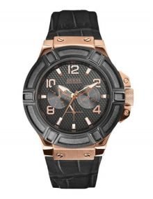 Guess W0040G5 Mensstainless steelstainless steel Case Watch with Black Calfskin Mineral Band
